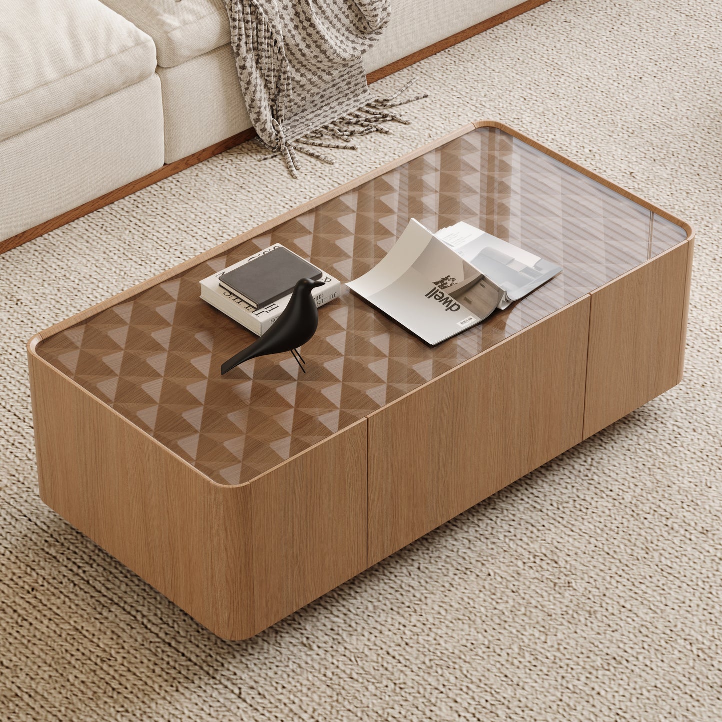 46.8' Mid-Century Modern Glass Top Coffee Table,Rectangular Center Table with Hidden Storage Drawers for Living Room,Contemporary Storage Coffee Table with Stable Base for Apartment Home(Light Walnut)  W2263P458487