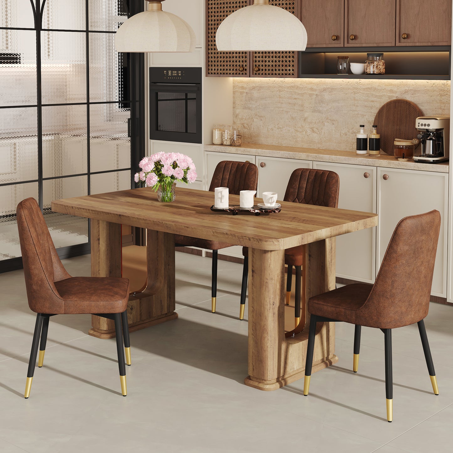 Table and chair set.64.5 x 35.4 Inch Stylish Wood Color Textured Dining Table.Paried With 4 BrownTechnology-Fabric Dining Chairs.Suitable for kitchen,Dining room,etc. W1151S03576