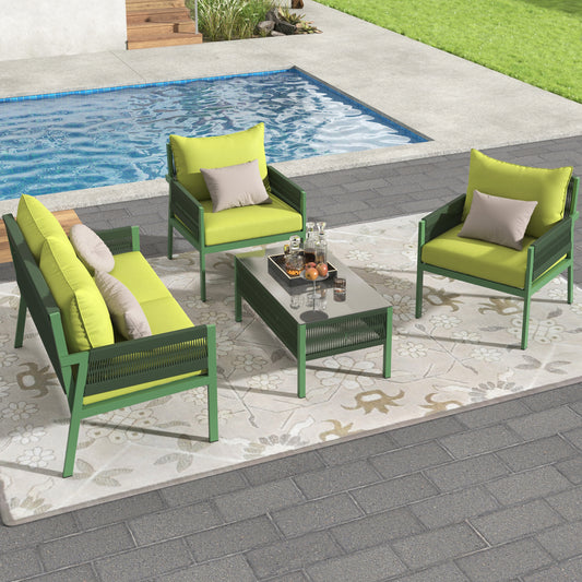 K&K 4-Piece Rope Patio Furniture Set, Outdoor Furniture with Tempered Glass Table, Patio Conversation Set Deep Seating with Thick Cushion for Backyard Porch Balcony (Fluorescent Yellow & Green)  SK000003AAE