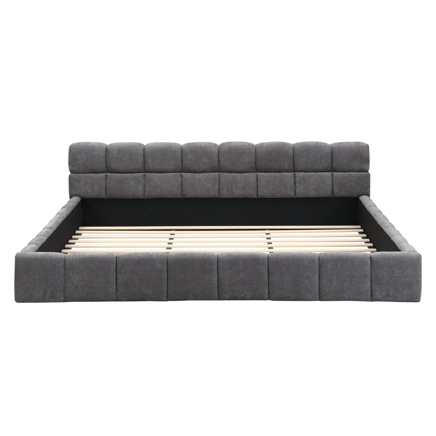 Elegant Beige Chenille Upholstered Bed with Checkerboard Design, King, Grey - Soft Fabric, Wood Frame, Modern Style  N769P333798G