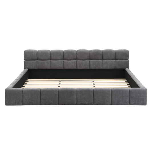 Elegant Beige Chenille Upholstered Bed with Checkerboard Design, King, Grey - Soft Fabric, Wood Frame, Modern Style  N769P333798G