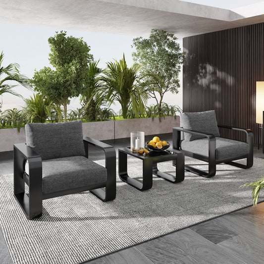 GO 3-pieces Aluminum Frame Patio Furniture With 6.7' Thick Cushion And Coffee Table, All Weather Use Olefin fabric Outdoor Chair, Gray And Black  FG201227AAE