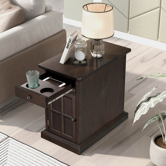 U-Can Classic Vintage Livingroom End Table Side Table with USB Ports and One Multifunctional Drawer with cup holders, Antique Espresso  WF296294AAP