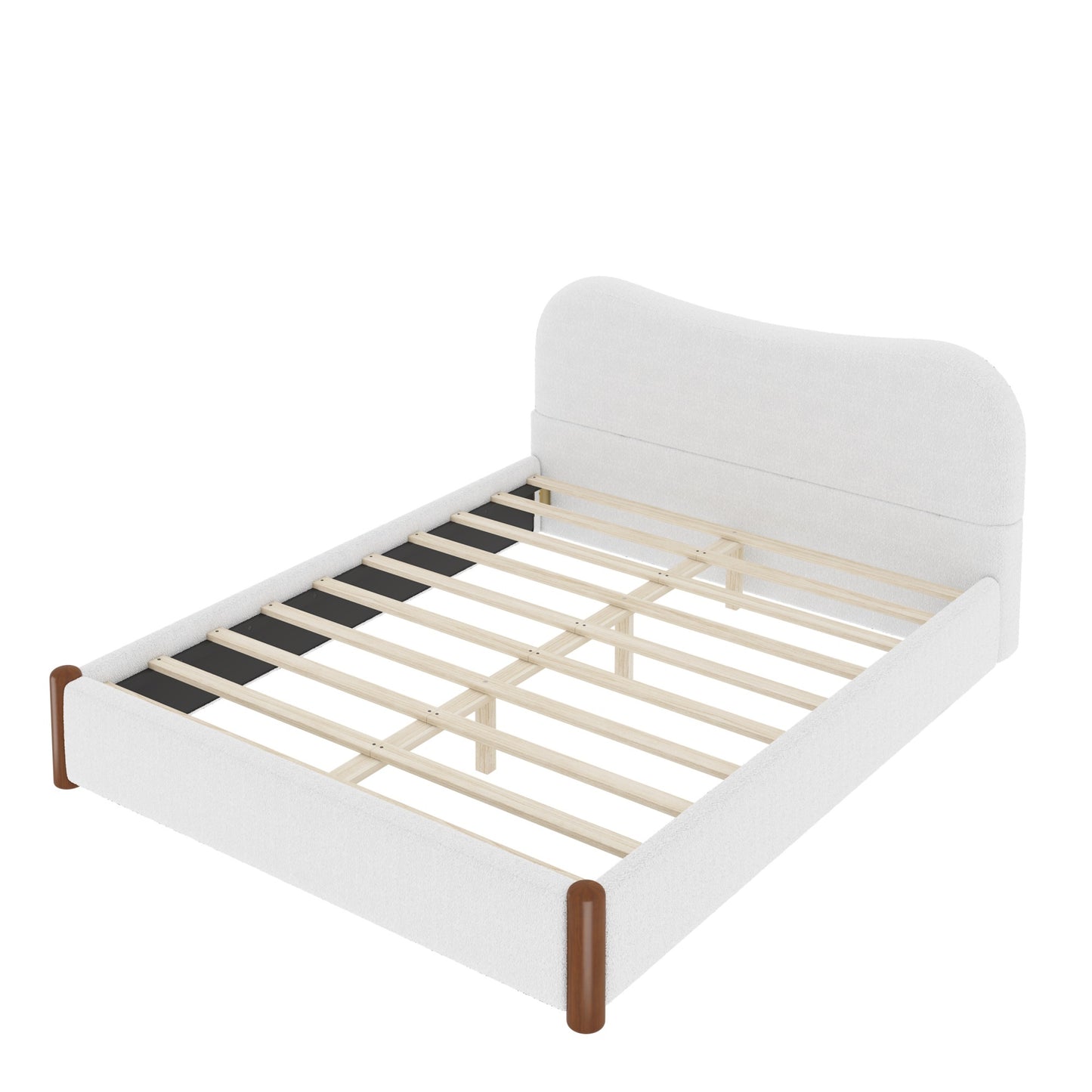 White Upholstered Queen Platform Bed with Wood Feet, Berber Fleece Upholstery, Modern Style  N7500002301K