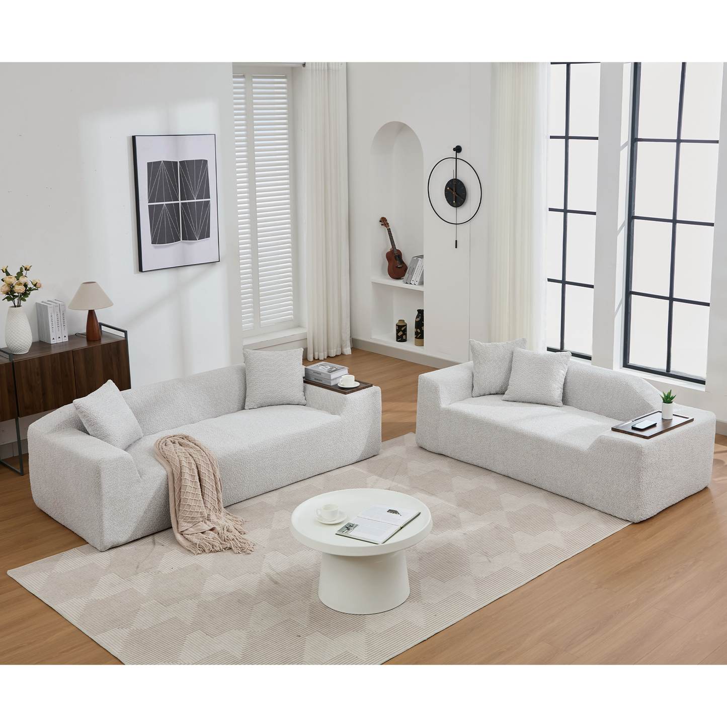 [NEW ARRIVED] [VIDEO PROVIDED]2 Piece Boucle Cloud Sofa Set, Upholstered Sofa Set, Modern 3 Seater and 2 Seater Sofa  with MDF End Table for Living Room ,Apartment,3+2 couch,Boucle, Light Gray W2108S00077