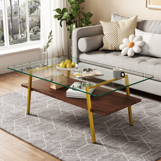 Rectangle Coffee Table, Tempered Glass Tabletop with Gold Metal Legs, Modern Table for Living Room , Transparent Glass  W241126033