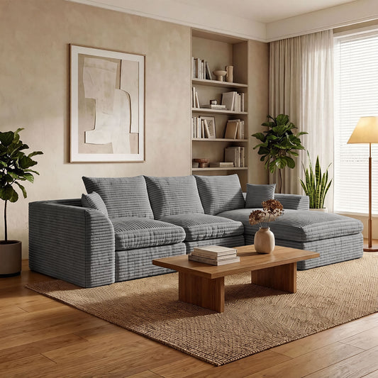 Modular Cloud Couch, L-Shaped 3-Seater with Reversible Chaise, Boneless Memory Foam Corduroy Sofa, 102' Convertible Bed, Living Room Furniture, No Assembly Required, Grey  W5638S00006