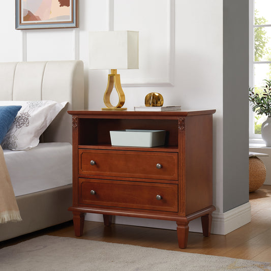 Open Space and 2 Drawers Dresser Nightstand with Charging Station, Farmhouse End Table with USB Ports and Outlets, Fluted Pilasters Design Side Table with Solid Wood Legs for Bedroom W1693P216935