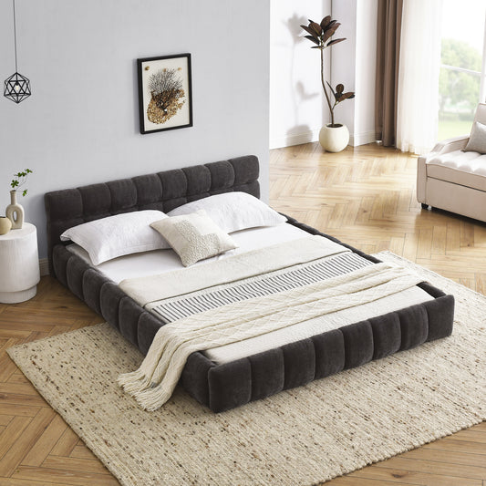 Queen Size Upholstered Bed Frame with Thick Fabric, Chenille Fabric Grounded Queen Size Platform Bed with Headboard and Solid Frame. No Box Spring Needed, Dark Grey(68''*86.5''*23.5'')  W487S00221