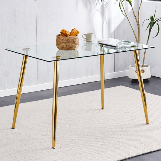 Modern Minimalist Rectangular Glass  Dining Table for 4-6 with 0.31' Tempered Glass Tabletop and Golden plating Metal Legs, Writing Table Desk, for Kitchen Dining Living Room, 51' *31'*30'.F-1544  W1151S00255