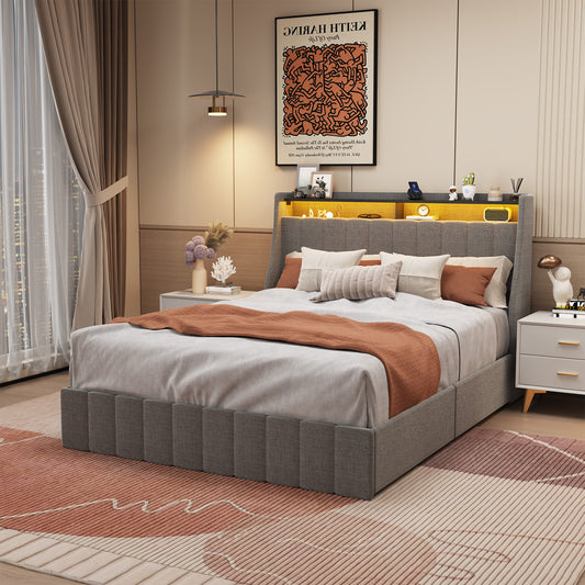 Queen Size Bed Frame with LED, 4 Under-bed Portable Storage Drawers, Wings Headboard Design, Light Grey  W1960S00003