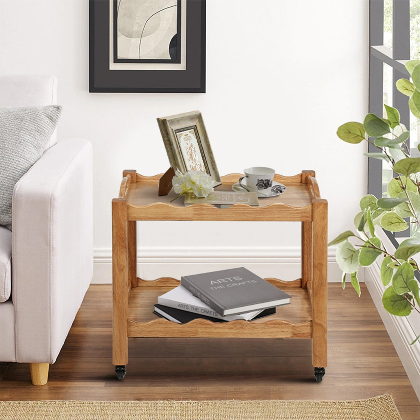 Solid Rubberwood Rolling Side Table, 2-Tier with Lockable Wheels & Removable Tray, Sturdy Durable for Bar Cart, Nightstand, End Table, Sofa Table  W3040P455688