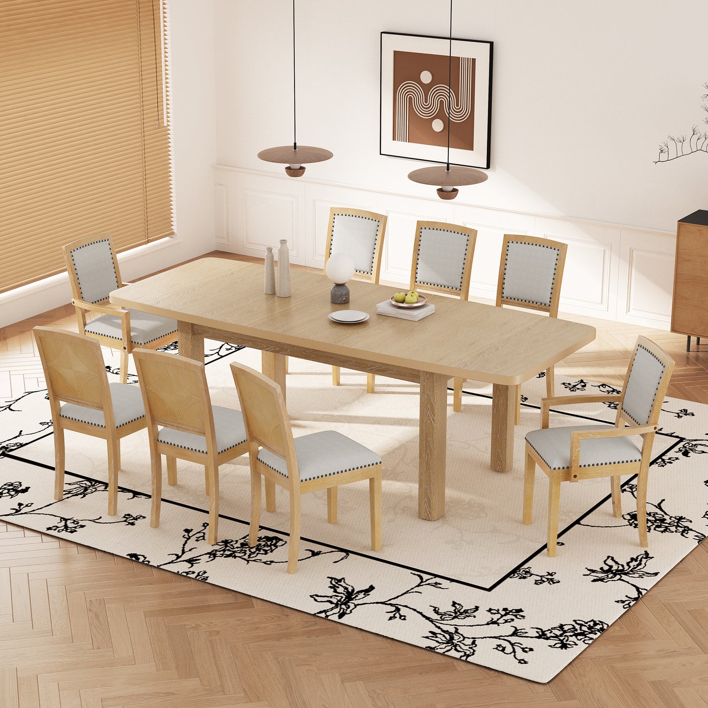 TOPMAX Rustic Extendable 84inch Dining Table Set with 24inch Removable Leaf , 6 Upholstered Armless Dining Chairs and 2 Padded Arm Chairs, 9 Pieces, Natural  SP000038AAD