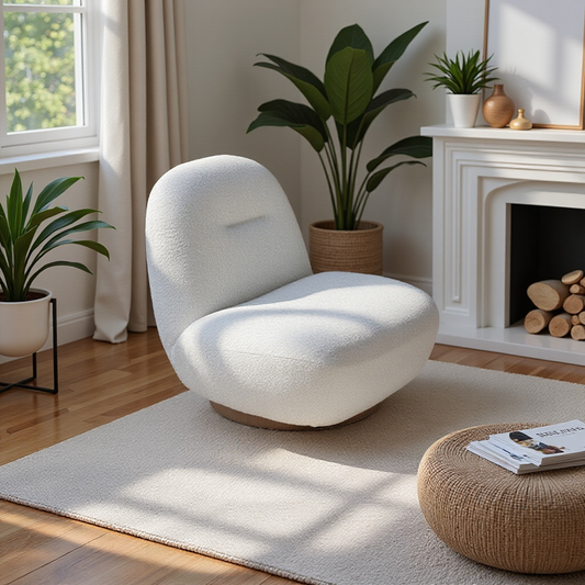 Larger Luxury Modern Swivel Accent Chair, Curved Back White Boucle Rotating Sofa Chair, Minimalist Style Comfy Single Cloud Chair Armless Cozy Chair for Living Room Apartment Reception Space W2664P371876