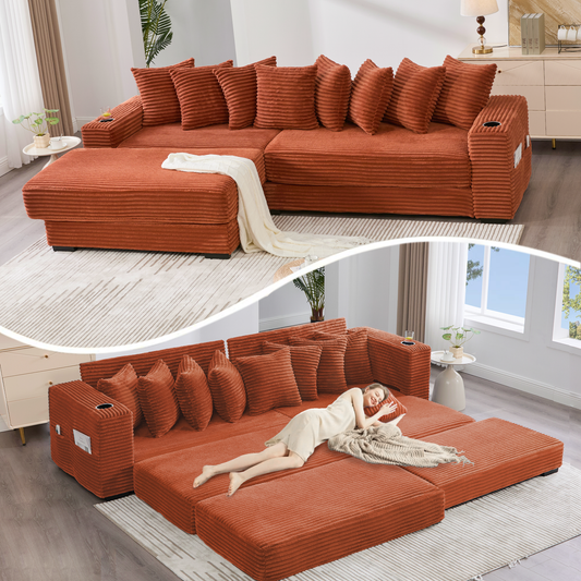 [NEW ARRIVED] [VIDEO PROVIDED]   110.75' Modular L Shaped Sofa, Corduroy Fabric Sectional Couch,With a movable footstool, Cup Holders,Bring 8 throw pillows,Side Pocket,Unfold into a Bed,Orange W2108S00131