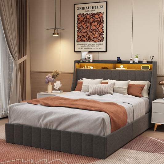 Queen Size Bed Frame with LED, 4 Under-bed Portable Storage Drawers, Wings Headboard Design, Dark Grey  W1960S00004