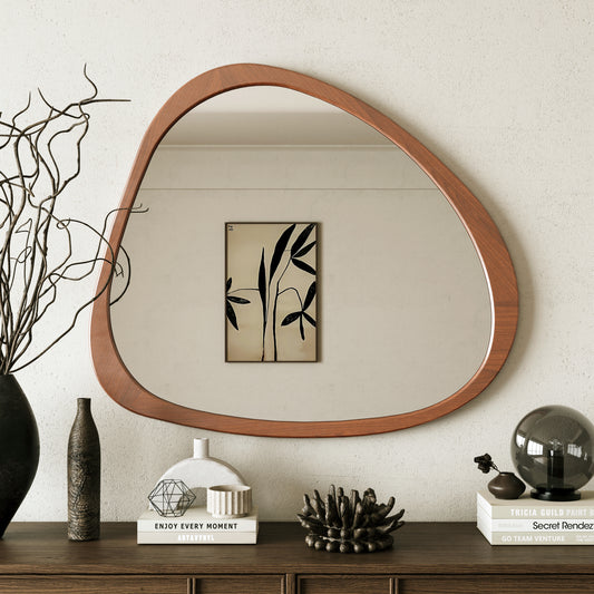 Solid Wood Mirror 45 Inch Asymmetrical Wall Mirror Wooden Framed Mirror Large Sized Dressing Mirror, for Living Room, Bedroom, Bathroom, Hallway or Entry Way, Walnut  W1435142944