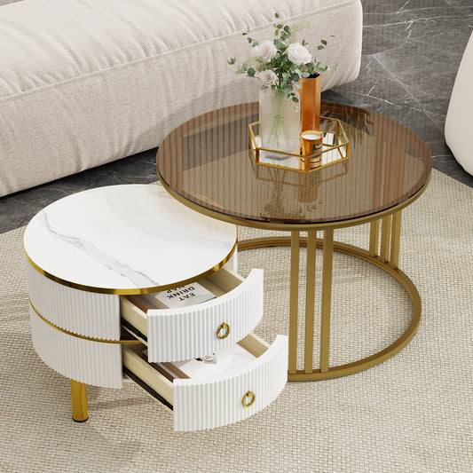 ON-TREND Φ27.5'' & Φ19.6'' Stackable Coffee Table with 2 Drawers, Nesting Tables with Brown Tempered Glass and High Gloss Marble Tabletop, Set of 2, Round Center Table for Living Room, White  WF320536AAK