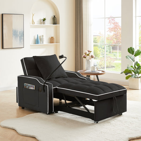 3-in-1 Sofa Bed, Convertible Sleeper Chair Sofa Bed Adjustable Pull Out Sleeper Chair Bed Multi-Pockets Folding Sofa Bed for Living Room Bedroom Small Space (Black)  W2151142231