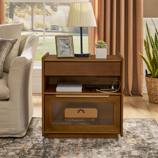 Mid Century Modern Nightstand with Charging Station & Outlet Hole & 2 Drawers, Farmhouse End Table with Open Shelf & Glass Drawer Dresser, Side Cabinet for Living Room Reception Room Dorm, Dark Walnut W1801P303389