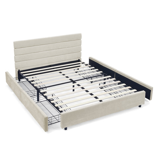 Modern Queen Size Cushioned Bed Frame with Headboard and Storage Drawers - Beige Foam Upholstery (85' x 66' x 36')  W487S00332