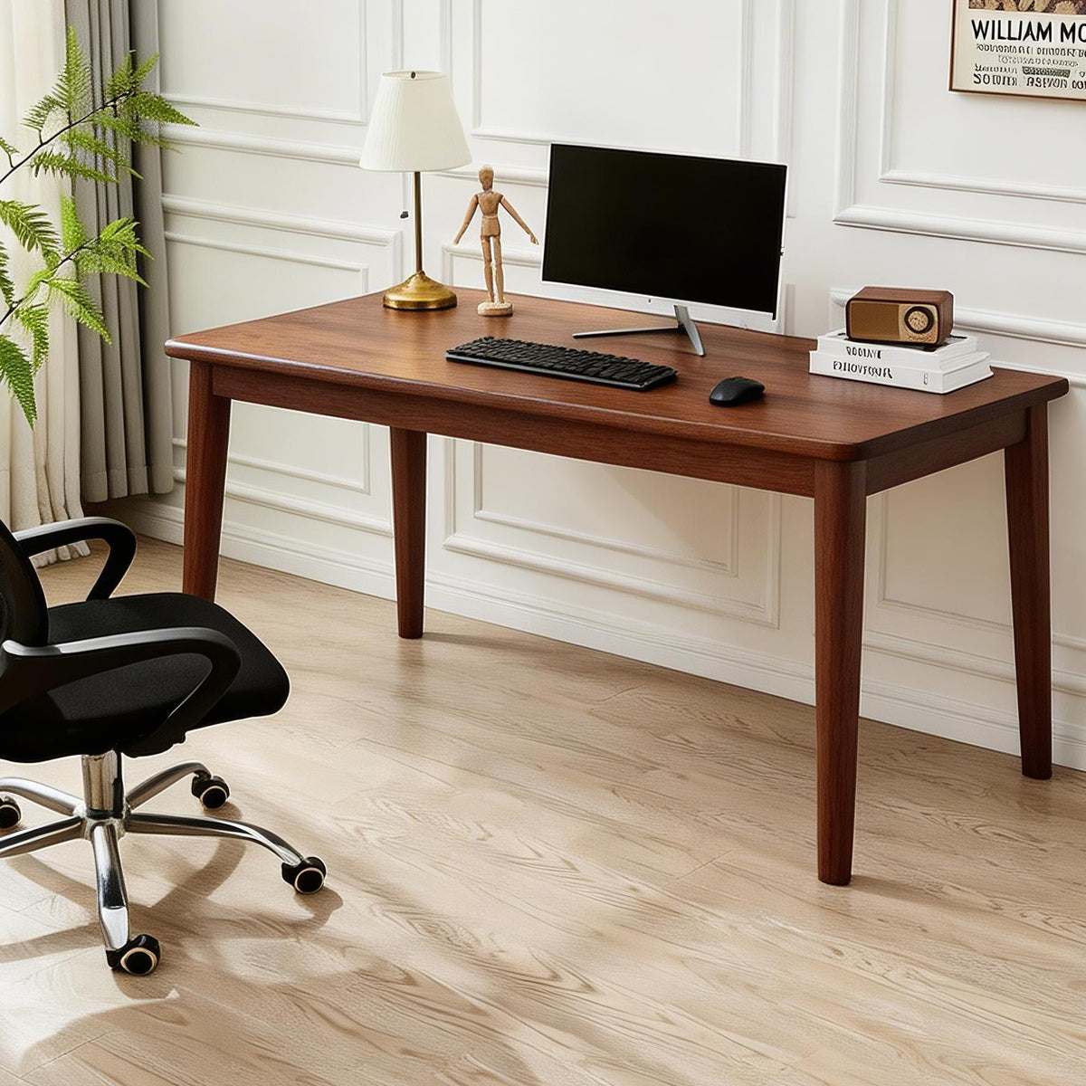 Solid Wooden Desk,63 x 19.7 Inch Desks, Rubberwood Mid Century Modern Desks, Small Writing Desk for Bedroom,Small Spaces - Walnut Color  W5368P460433