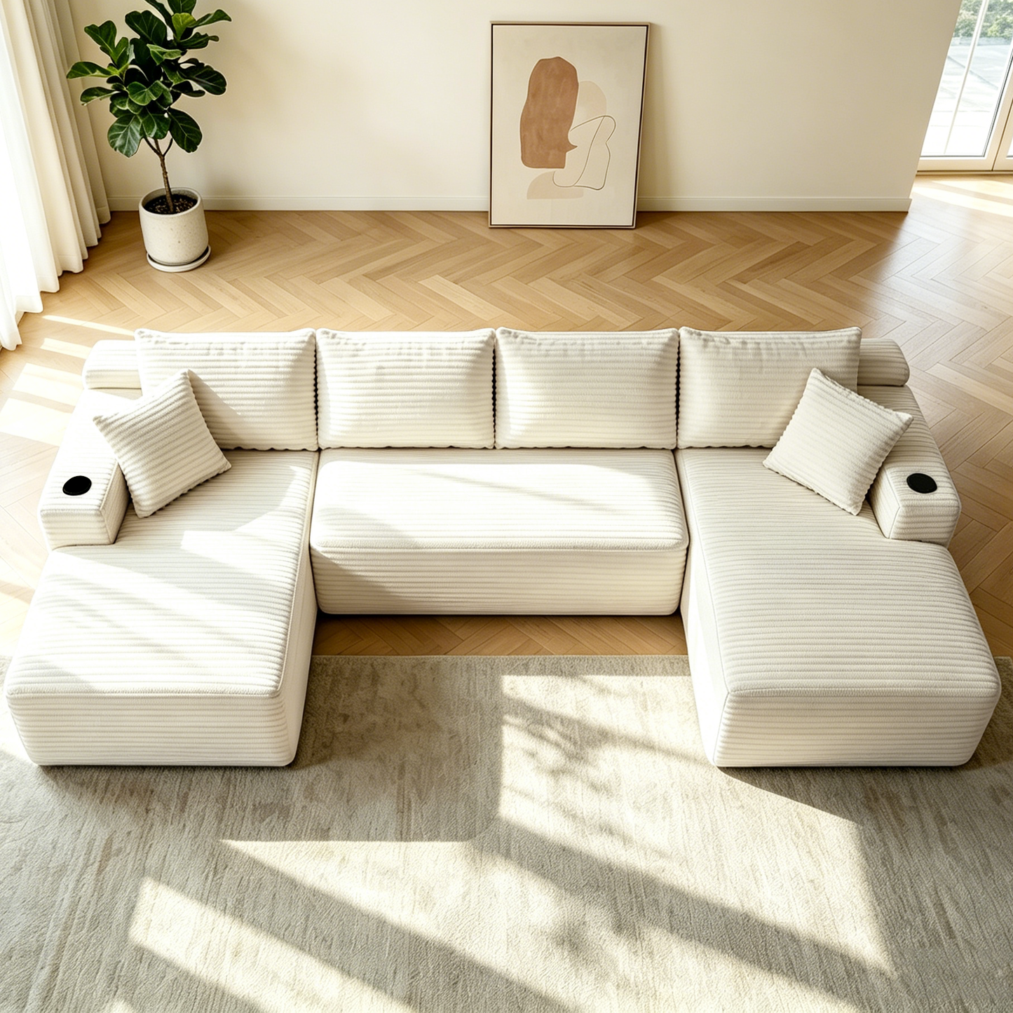 134' Cloud Sectional Sofa with U-Shape Chaise and Side Pockets and Cup holder , Modern Modular Design, Deep Seating, Upholstered Couch for Living Room/Bedroom, No Assembly Required (Plush)Beige  W3975S00124