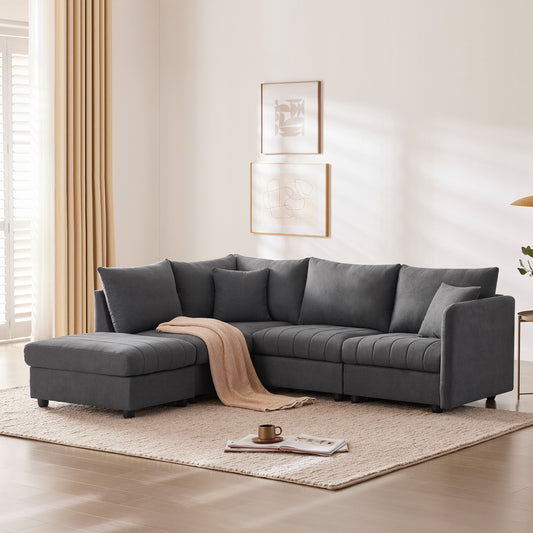 89*79' Modern Modular Sectional Sofa with Deep Seat,Vertical Stripes,5 Seat Corner Couch with Movable Ottoman,Throw Pillows,L-Shaped Comfy Cloud Indoor Furniture for Living Room,Apartment,3 Colors N723S7033E