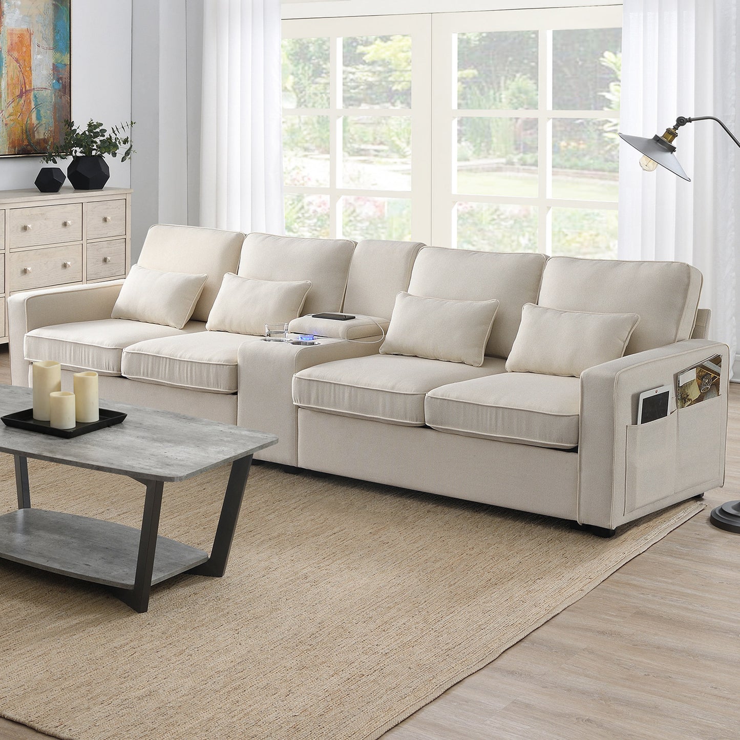 [VIDEO provided] [New] 114.2' Upholstered Sofa with Console, 2 Cupholders and 2 USB Ports Wired or Wirelessly Charged, Modern Linen Fabric Couches with 4 Pillows for Living Room, Apartment (4-Seat)  GS000086AAA