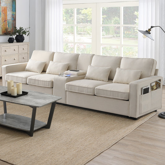 [VIDEO provided] [New] 114.2' Upholstered Sofa with Console, 2 Cupholders and 2 USB Ports Wired or Wirelessly Charged, Modern Linen Fabric Couches with 4 Pillows for Living Room, Apartment (4-Seat)  GS000086AAA