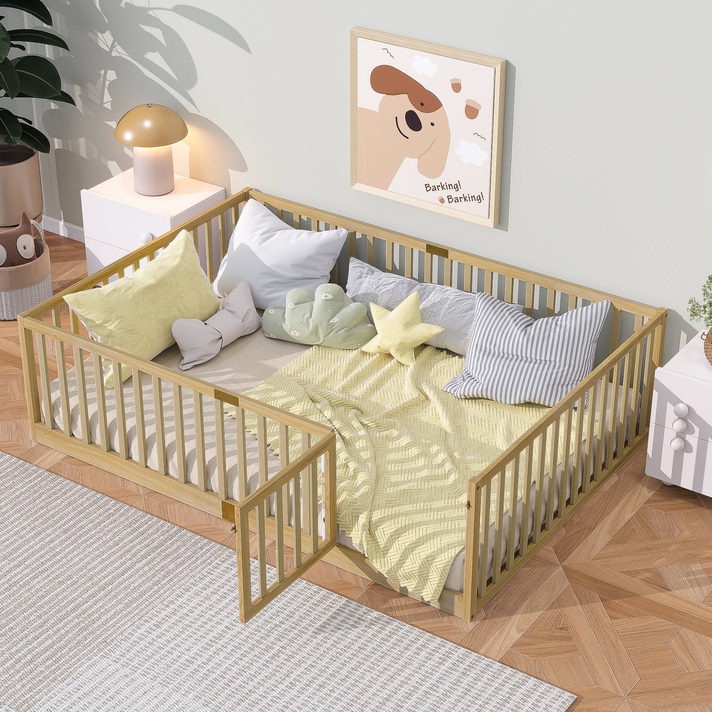 Full Size Floor Bed with High Fence Railings, with Door,6 Slats Included, Rubber Wood Floor Bed with Safety Guardrails,Natural  W504P411200