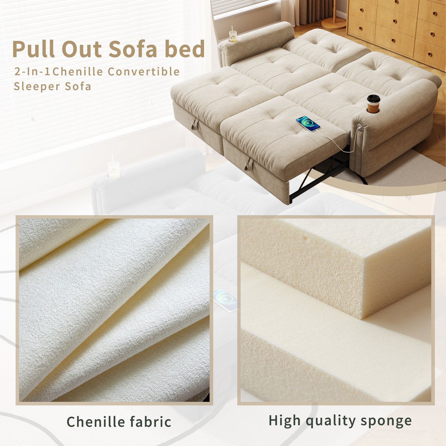 It is a multi-functional sofa, a 77-inch convertible sofa bed, and a 2-in-1 piece suitable for both sitting and lying down. Made of  Sheneyron fabric, it is suitable for living rooms, bedrooms  W3820S00018