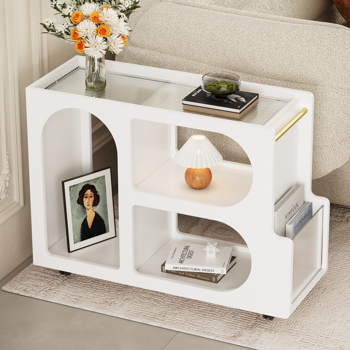 ON-TREND Mobile End Table with Lockable Wheels, Narrow Coffee Table with 5mm Thick Fluted Tempered Glass, Modern Nightstand with Golden Round Rod, Living Room, White, 31.5''W x11.8''D x 23.1''H  N721P179241K