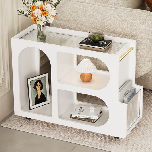 ON-TREND Mobile End Table with Lockable Wheels, Narrow Coffee Table with 5mm Thick Fluted Tempered Glass, Modern Nightstand with Golden Round Rod, Living Room, White, 31.5''W x11.8''D x 23.1''H  N721P179241K