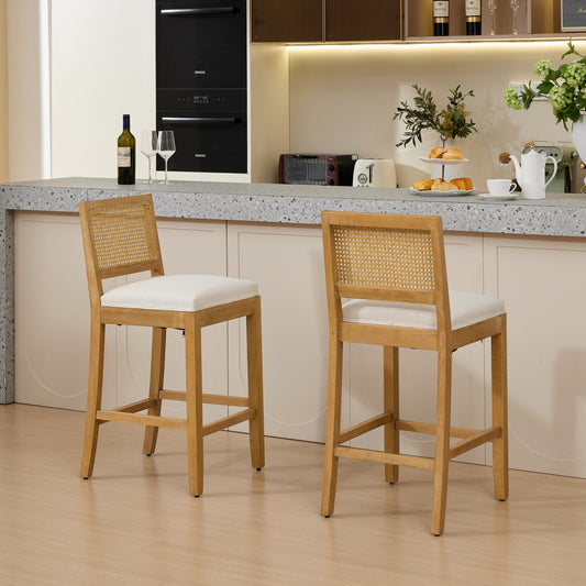 Full Solid Wood Rattan-Back Bar Stool, Matte Linen Cushion with High-Resilience Foam & S-Springs, Ideal for Rustic/Natural Style Kitchen Island, Low Bar in Dining Room & Café,Set of 2,Beige,SW1872BG  W1143P384367