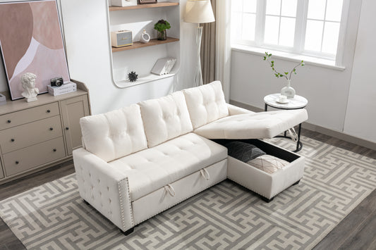 77 Inch Reversible Sectional Storage Sleeper Sofa Bed , L-Shape 2 Seat Sectional Chaise With Storage , Skin-Feeling Velvet Fabric ,Beige Color For Living Room Furniture  W1203P146254