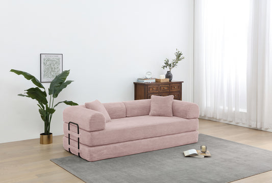 Convertible Sleeper Sofa Bed with Cylindrical Pillow - Corduroy Folding Mattress Couch with Fixed-Shape Frame for Living Room, Bedroom, Lounge, Studio - PINK  W3199P311308