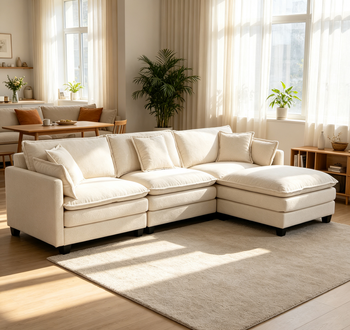 Modern 3seats with ottoman 113.77'Sectional Sofa with Waist Pillows,3-seat Upholstered Symmetrical Sofa Furniture,Sleeper Sofa Couch with Chaise Lounge for Living Room,Apartment,3 Color  W2530S00017