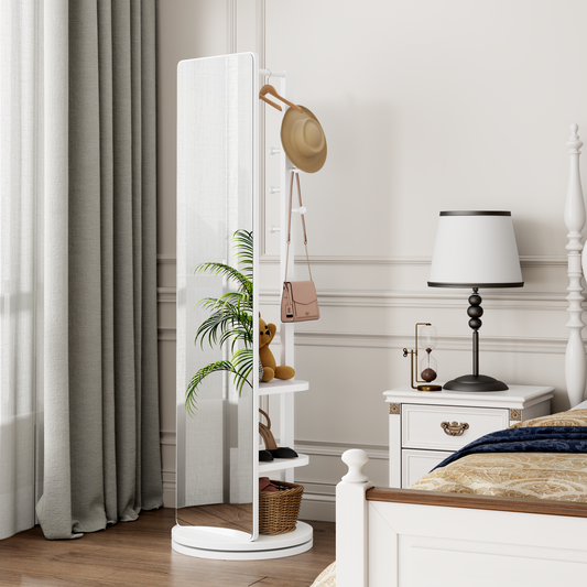 360° Rotating 69'x16' Multifunctional Full Length Mirror with Hook Storage Rack Coat Rack with Mirror Solid Wood Floor Mirror Bedroom Living Room Cloakroom Space Saving (white) W2987P289172