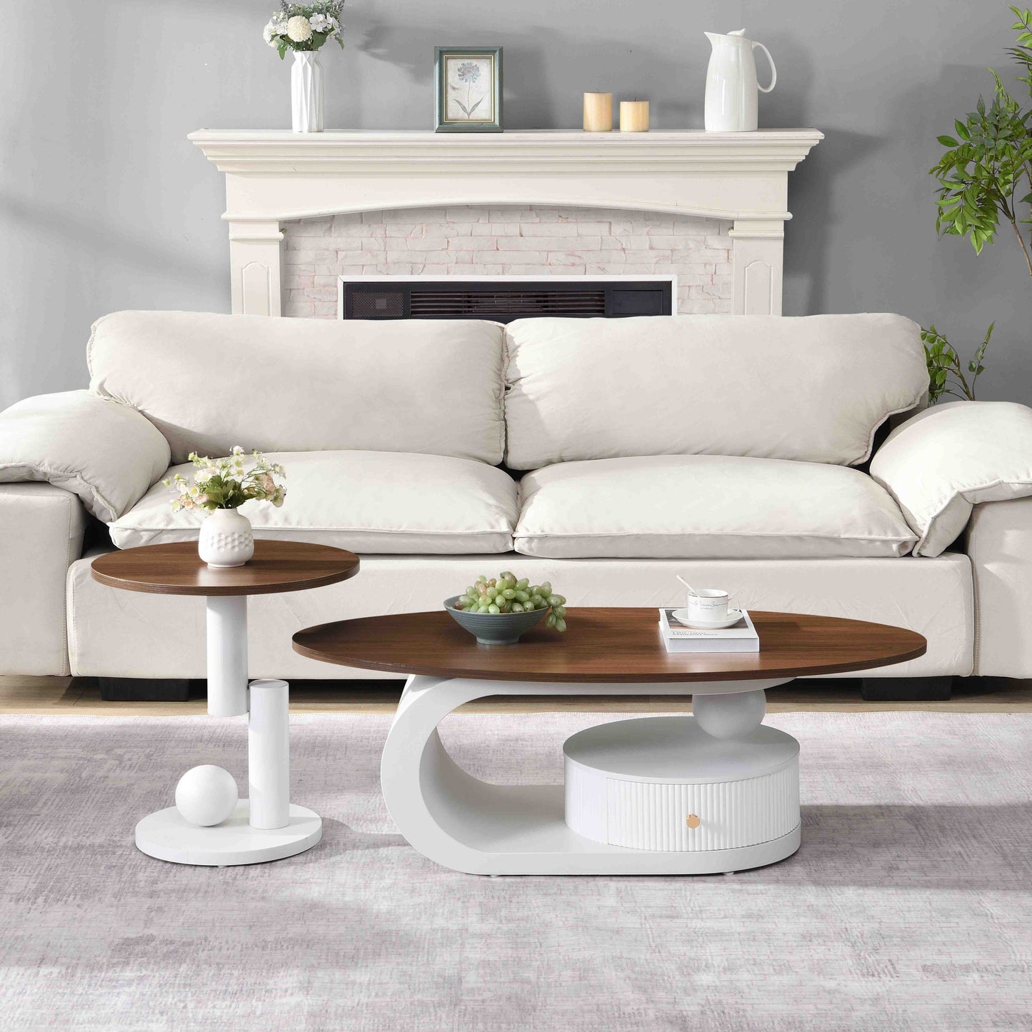 Luxury Nesting Coffee Table Set of 2,  Tables with Storage for Living Room, Oval and Round Table Set, White Center Table, Cocktail Table, Side Table,  Large 47.24'', Small 19.69''  W821S00026
