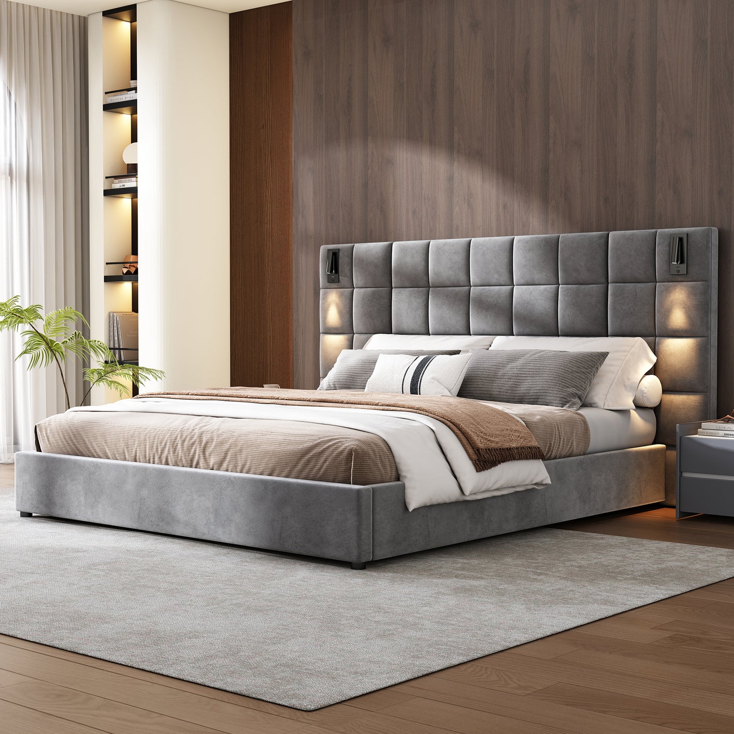 King Size Upholstered Bed Frame,With Wall Sconce And USB Port, Wide Headboard, Velvet, Gray  N757K200132G-1