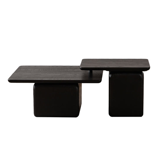 Vintage Style Square Coffee Table Set with Wood Grain Finish, Black MDF & Fir Wood Veneer, Set of 2 W757P235685