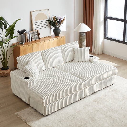 84Inch Corduroy 3-seater sofa With 3 back pillows ,2 toss pillows , 2 ottoman ,2storage spaces and cup-holding grooves Comfy Sofa- Deep Seat Couch for Living Room  W834S00357