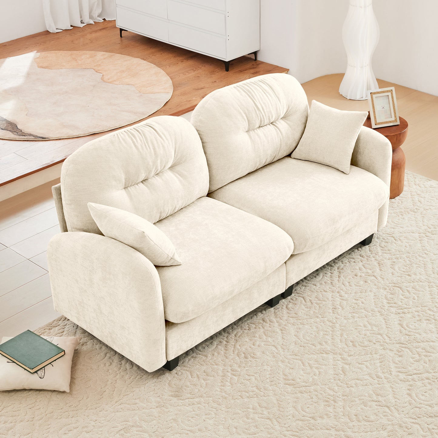 Loveseat Cloud Sectional Couches  Chenille Fabric, Quilted Pleated Design, Ergonomic Design, High-Density Foam Easy Install Elegant Armrests High Quality Wooden Base,Fits Living Rooms,Beige  W714S01364