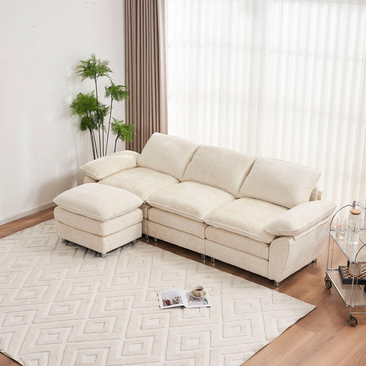 Modern Deep 3-Seat Sofa Couch with Ottoman, Polyester Sofa Sleeper Comfy Upholstered Furniture for Living Room, Apartment, Studio, Office, Beige  W2363S00008