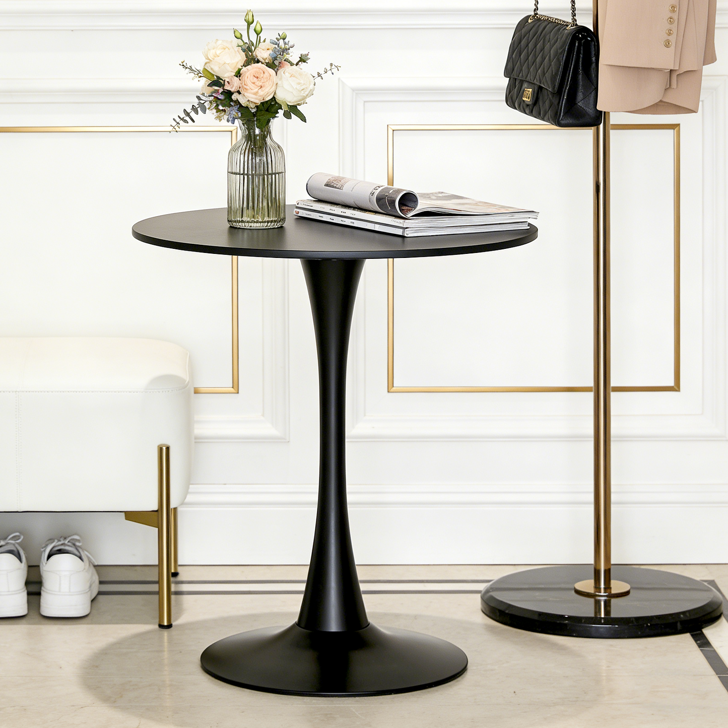 Black Round Dining Table,Modern Dining Table, Dining Table,MDF Tabletop and Iron Spray-Painted Matte Base,Oval Dining Table,Mid Century Coffee Table for Living Room 31.5-inch,Home Kitchen,Small Places  W3590P439256