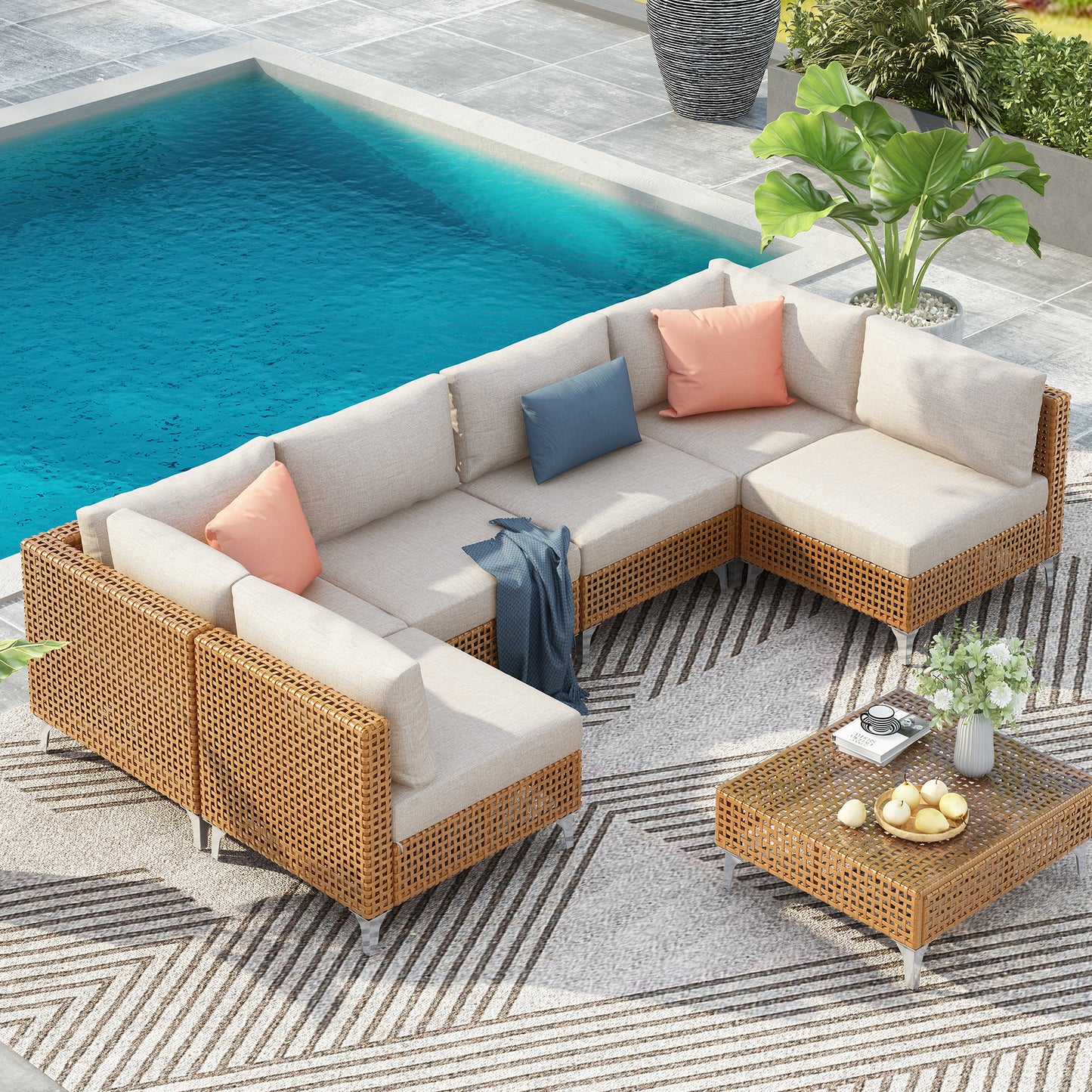 K&K 7-Piece Wicker Patio Furniture Set, Outdoor Conversation Set Sectional Sofa with Water Resistant Beige Thick Cushions and Coffee Table for Outdoor Couch, Porch, Backyard - Beige  N707S000011Z