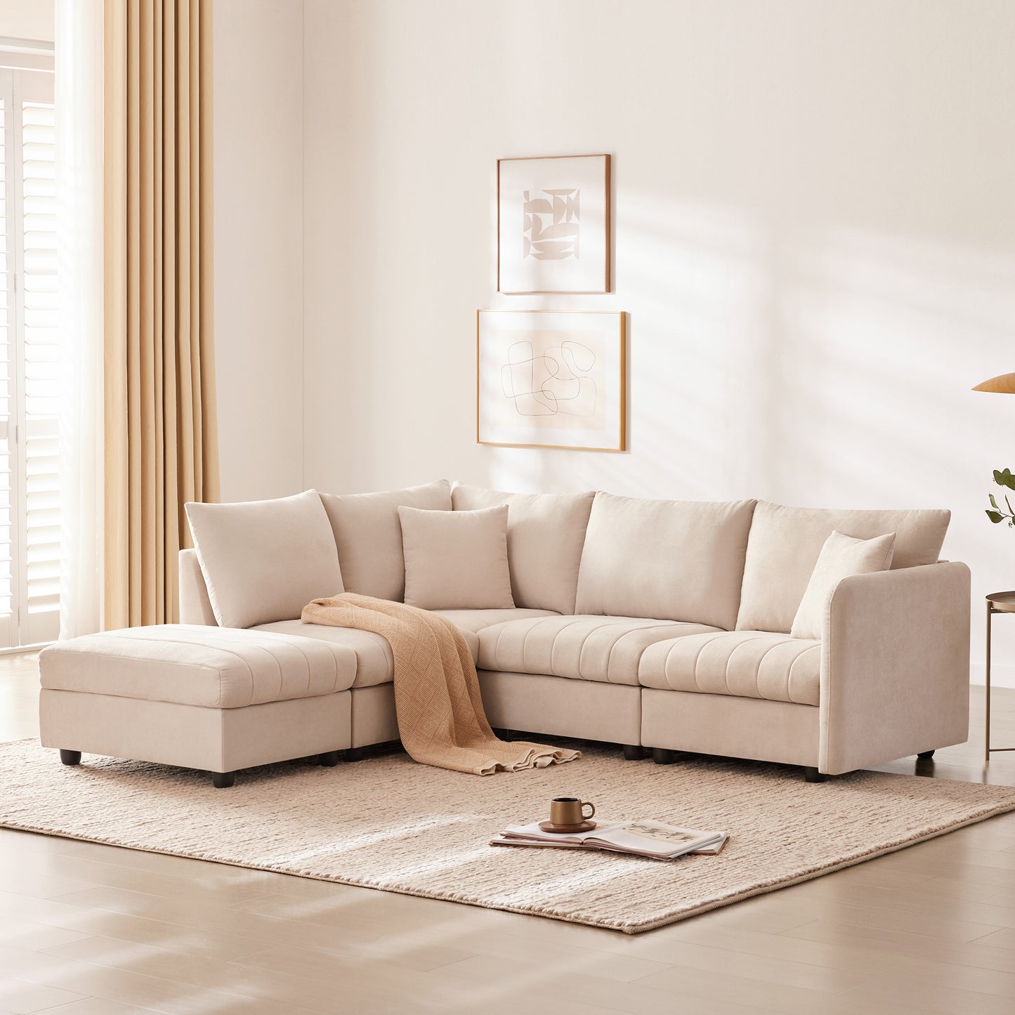 89*79'Modern Sectional Sofa with Vertical Stripes,2 Pillows,5-Seat Couch with Convertible Ottoman,Various Combinations,L-Shape Indoor Furniture for Living Room,Apartment, 3 Colors  GS009052AAA