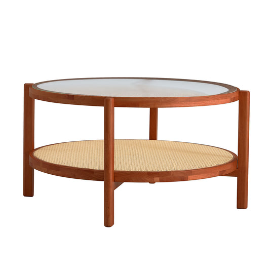 Modern Minimalist Circular Double-Layer Solid Wood Coffee Table with Glass Top, PE Rattan Layer, Walnut Finish  W1151104956
