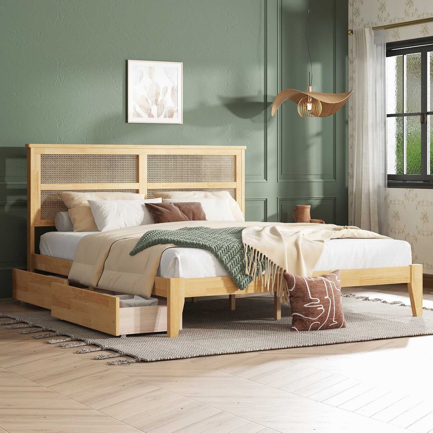 King Size Bed with Rattan Headboard, Two Storage Drawers, Rubber Wood Bed with Enhanced Support Salts and Feet,White Oak  W504S00229